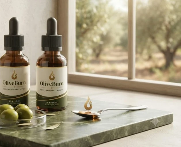 OliveBurn dropper bottles beside olives and olive leaves